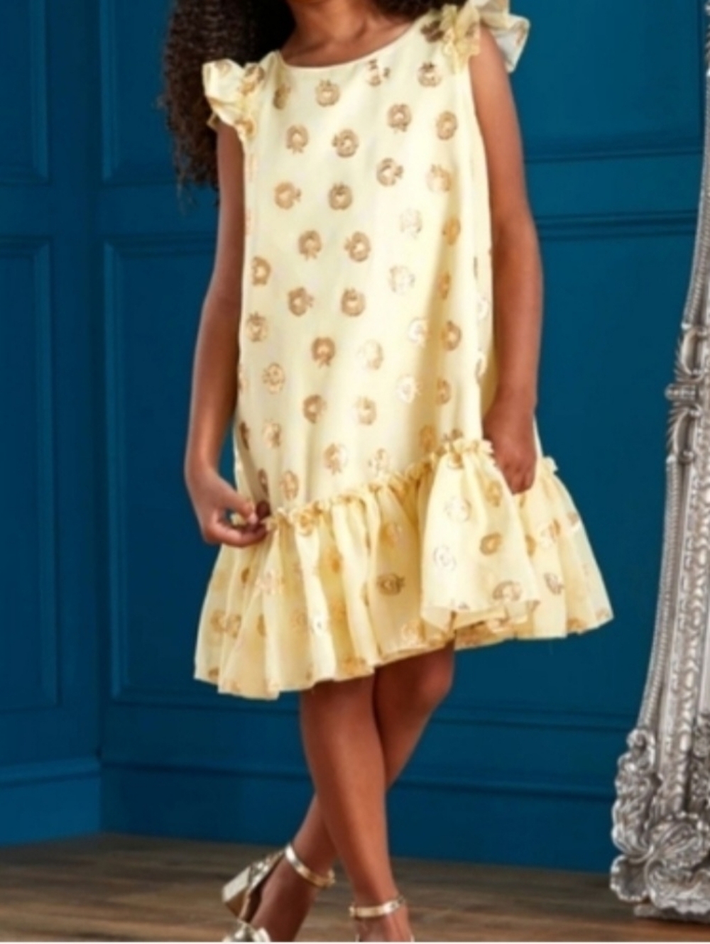 Disney Girls Dress Sz 7/8 Yellow Apple Print  Snow White and the Seven Drawfs